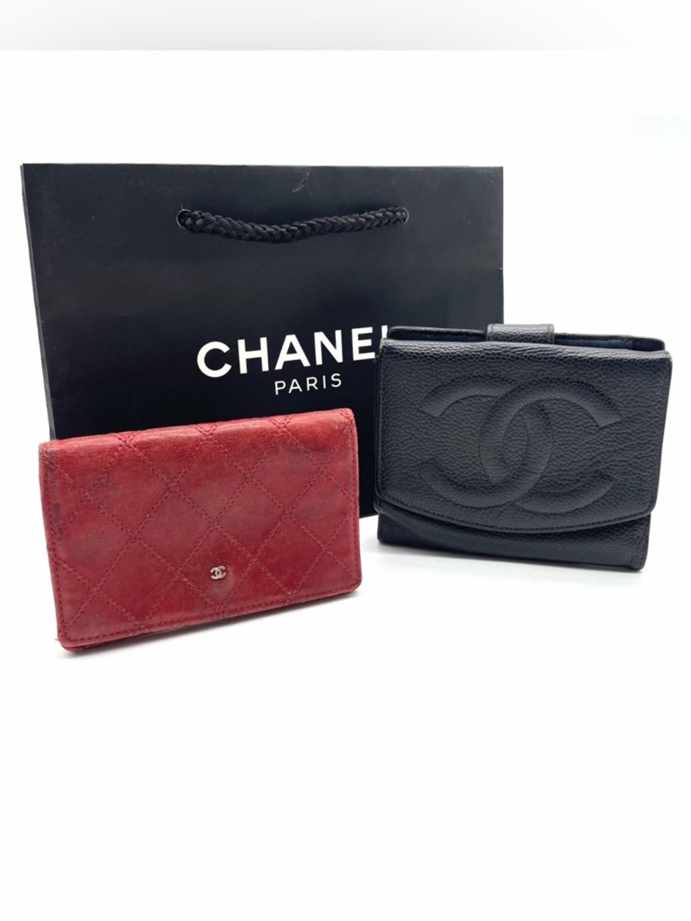 CHANEL caviar leather Black and Red Quilted ID Card Holder Set